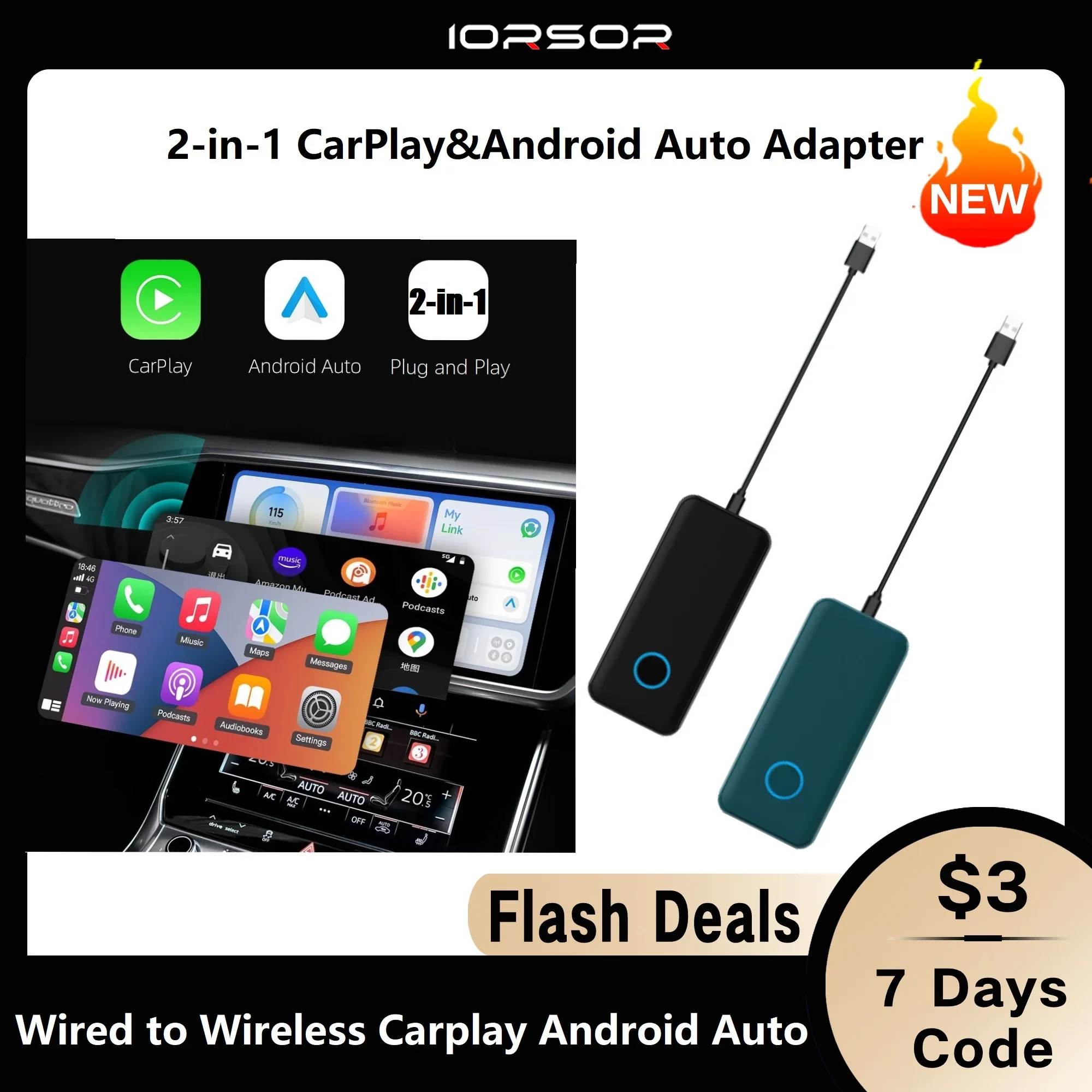 

2-in-1 Apple Carplay Wireless Android Auto Adapter Car Play Inalambrico Mini Ai Box Para Coche Sans Fil Dongle Player Adaptador