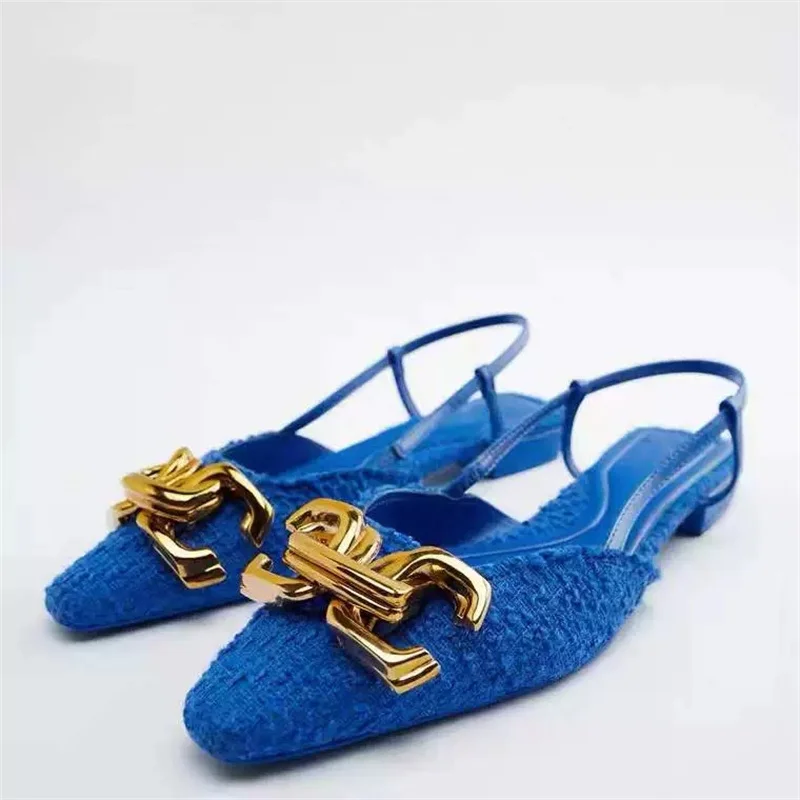 

Spring New Woman's High-heeled Shoes 2022 WSL TRAF ZA Blue Pointed Metal Decoration Fashion Sandals Flat Shoes Casual Mules Pump