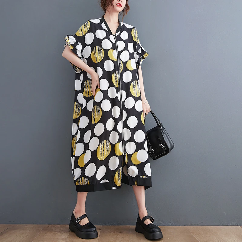 

SuperAen 2022 Летний Новый модный Свободный Повседневный Кардиган в горошек с коротким рукавом на молнии трапециевидные женские платья до середи...