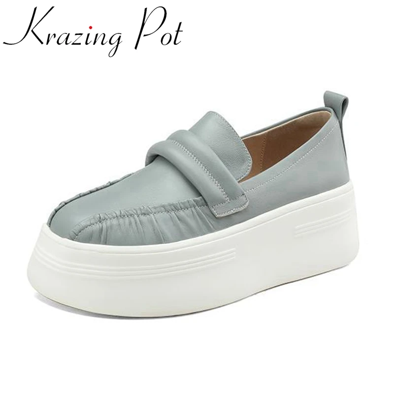 

Krazing Pot New Sheep Leather Round Toe Thick High Heels Platform French Romantic Mature Pleated All-match Slip on Brand Pumps
