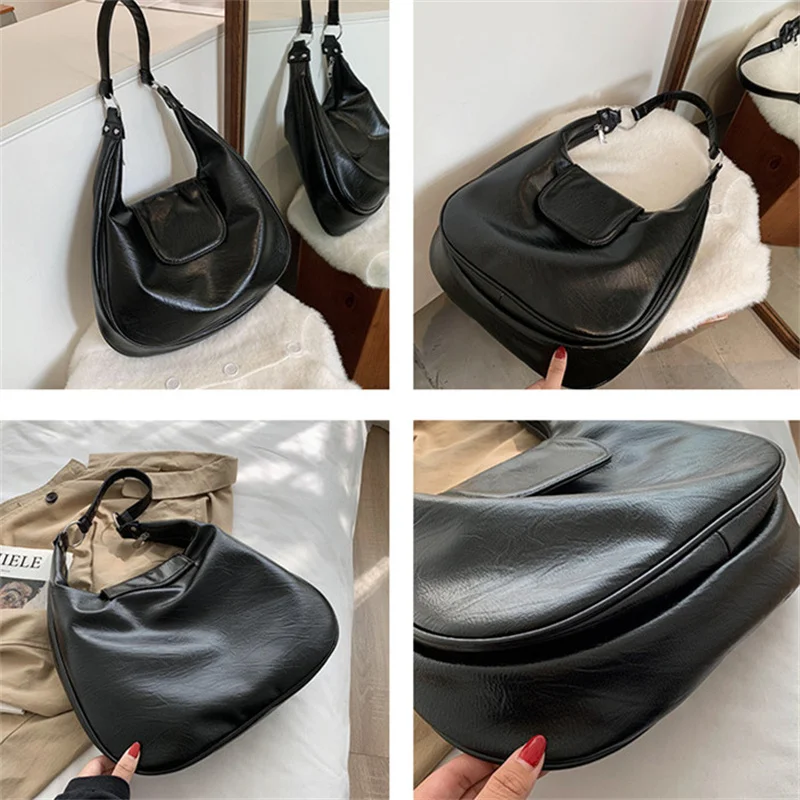 2022 New in Retro Color Solid Women Shoulder Bag Large Capacity Versatile Soft Leather Buckle Handbag Underarm Crossbody Bag
