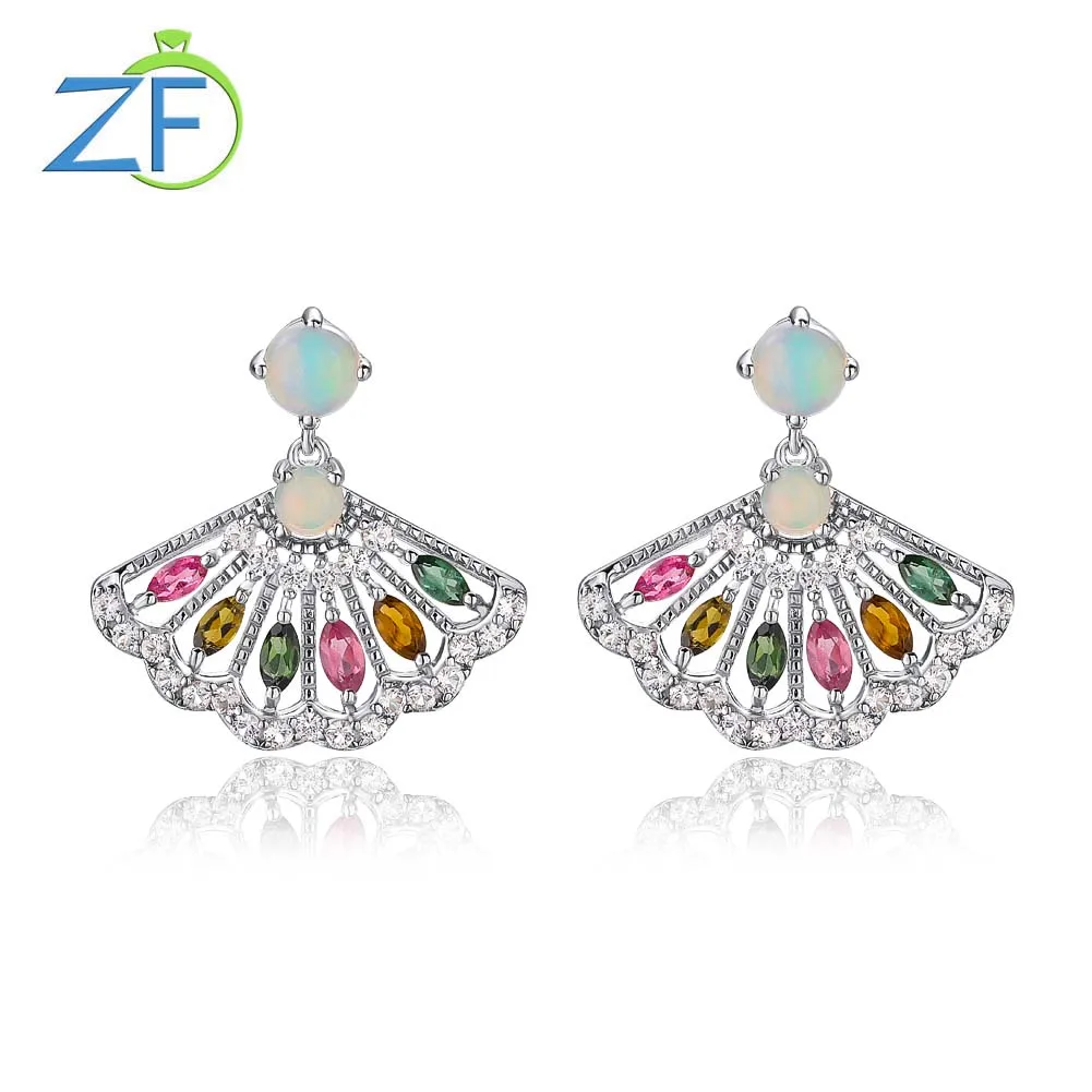 

GZ ZONGFA Original 925 Sterling Silve Fan Skirt Drop Earrings for Women Natural Opal Tourmaline 2.4ct Mixed Gems Fine Jewelry