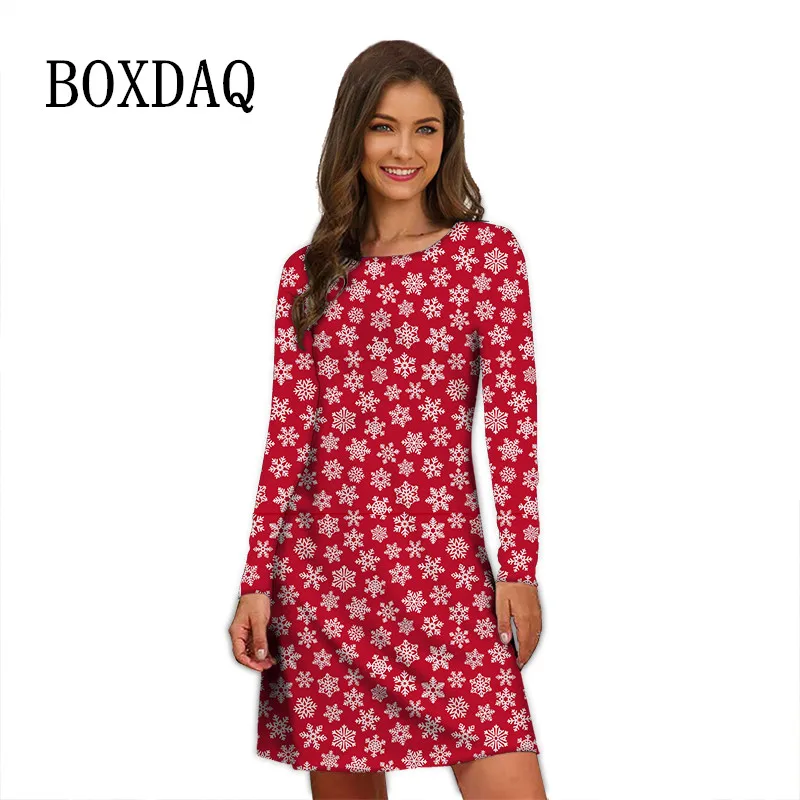 

Женское платье с принтом в виде снежинок, Осеннее свободное платье большого размера с длинным рукавом, одежда для рождественской вечеринки