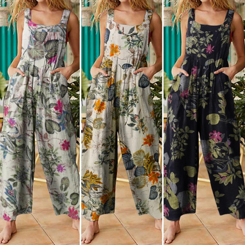 

Jumpsuit Ladies Workwear Floral Print Casual Loose Comfortable Rompers Wide Leg Pants 2022 Long Holiday Summer
