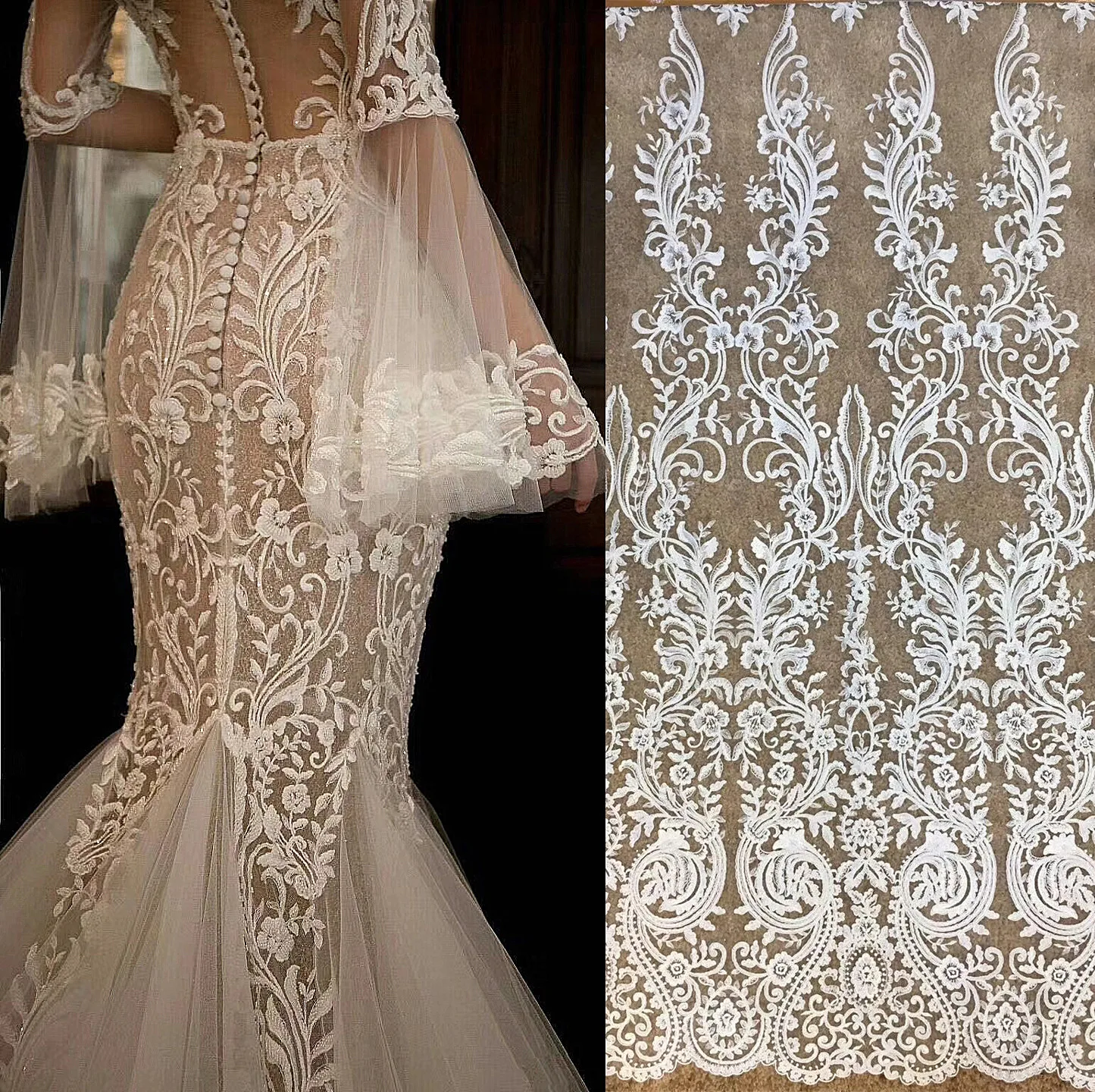 

European and American Heavy Industry New Sequins Lace Embroidery Lace Fabric Fabric Overall Flower Strip Wedding Dress DIY