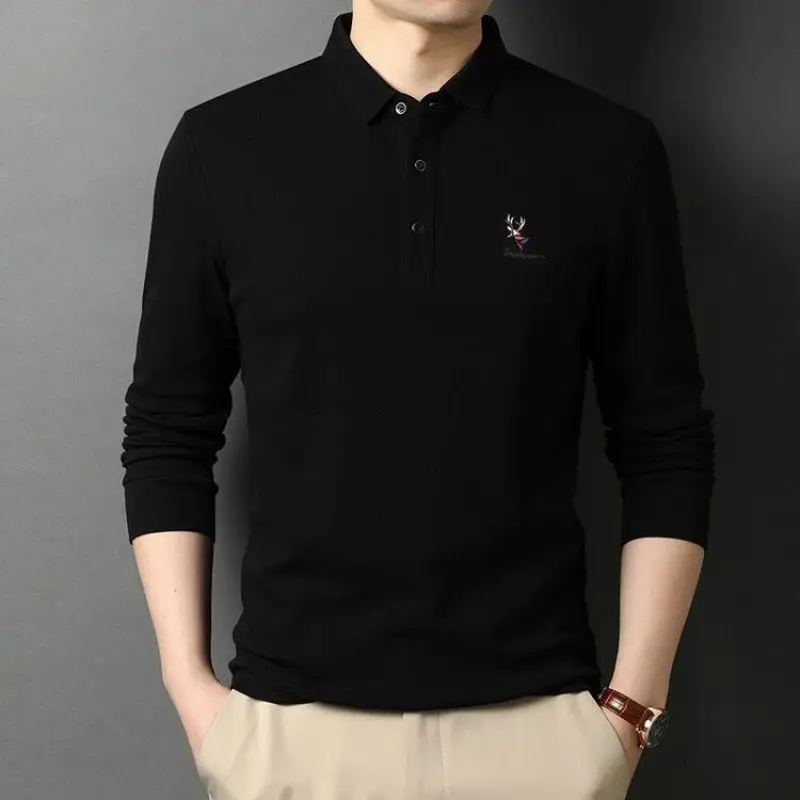 Spring Summer Men's Turn-down Collar Long Sleeve Solid Button T-shirt Cotton Polo Embroidery Plus Size Casual Tops images - 6