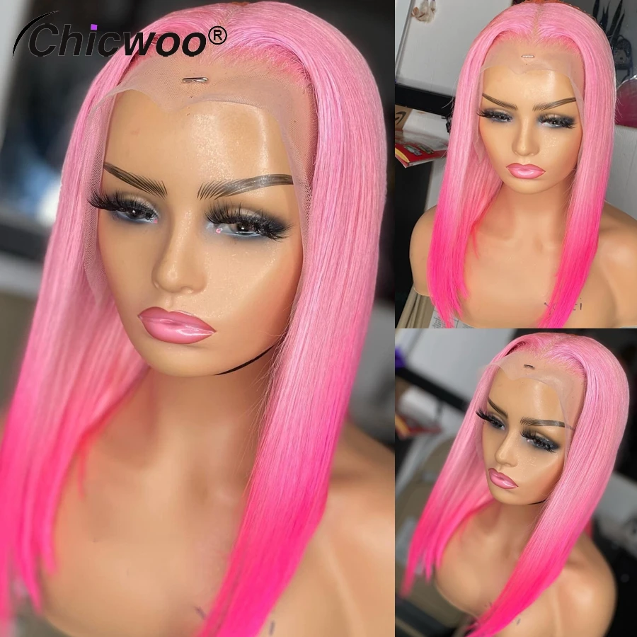 

Ombre Light Pink Short Bob Wigs 13x4 Lace Front Straight Wig for Women Brazilian Virgin Human Hair 613 Color Preplucked Hairline