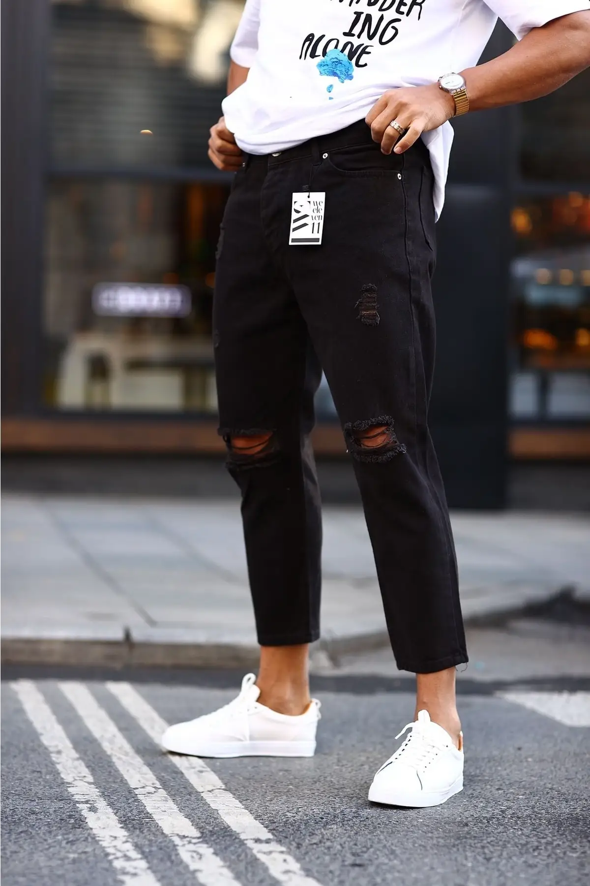 

Men's Ripped Black Boyfriend Jeans Pants A Quality Fabric