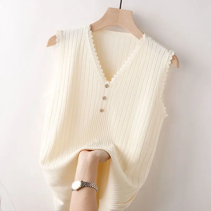 

YEMOGGY Ice Silk Lace Knitted Camisole Vest Women's Inner Bottom Shirt 2022 New Outer wear Sleeveless V-Neck Summer Tanks Tops