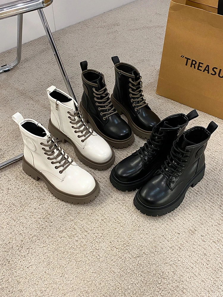 

Med Heel Boots Lace Up Boots-Women Shoes Round Toe 2023 Flat Riding Ladies Ankle Rock Lolita Padded Rubber Lace-Up Short Plush P