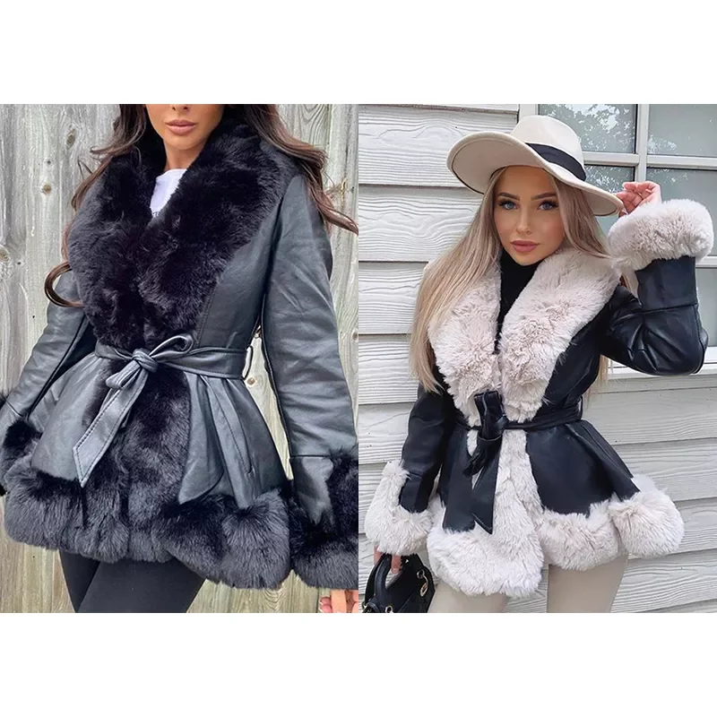 PU Leather Short Jackets Women Fashion Tie Belt Waist Coats Women Elegant Side Pockets Faux Fur Jackets Female Ladies