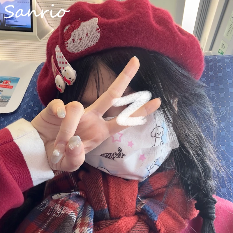 

Sanrio Hello Kitty Cute Printing Beret Cartoon Sweet Versatile Pumpkin Hat Autumn and Winter Warm Cap Creative Birthday Gifts