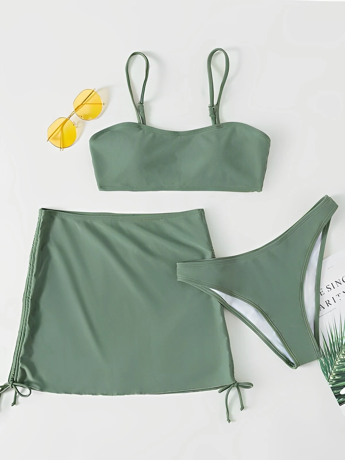 Женское бикини с подкладкой и кулиской однотонный купальник из 3 предметов