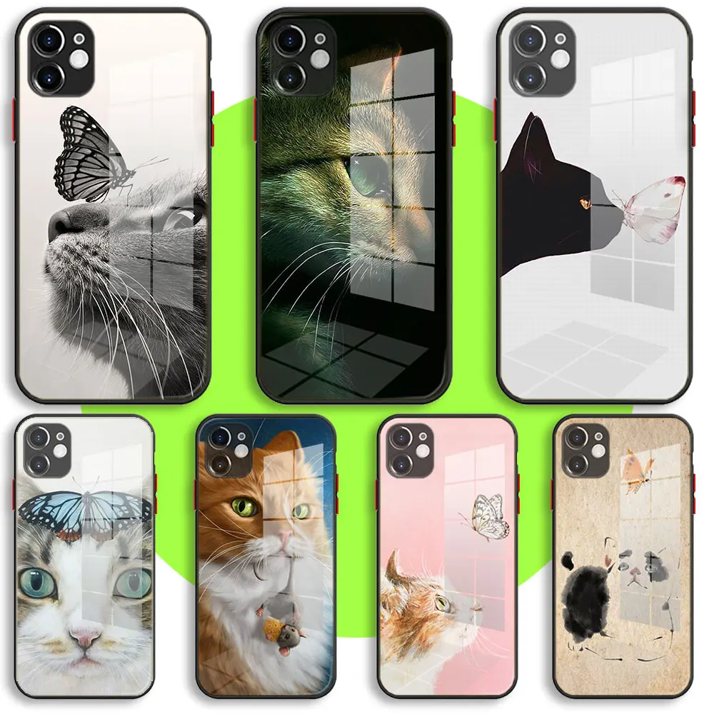

Liquid Tempered Glass Case For iPhone 13 11 12 Mini Pro Max XS XR X 7 8 6 Plus SE2 Silicone Cover Butterfly Stand On Cat Nose