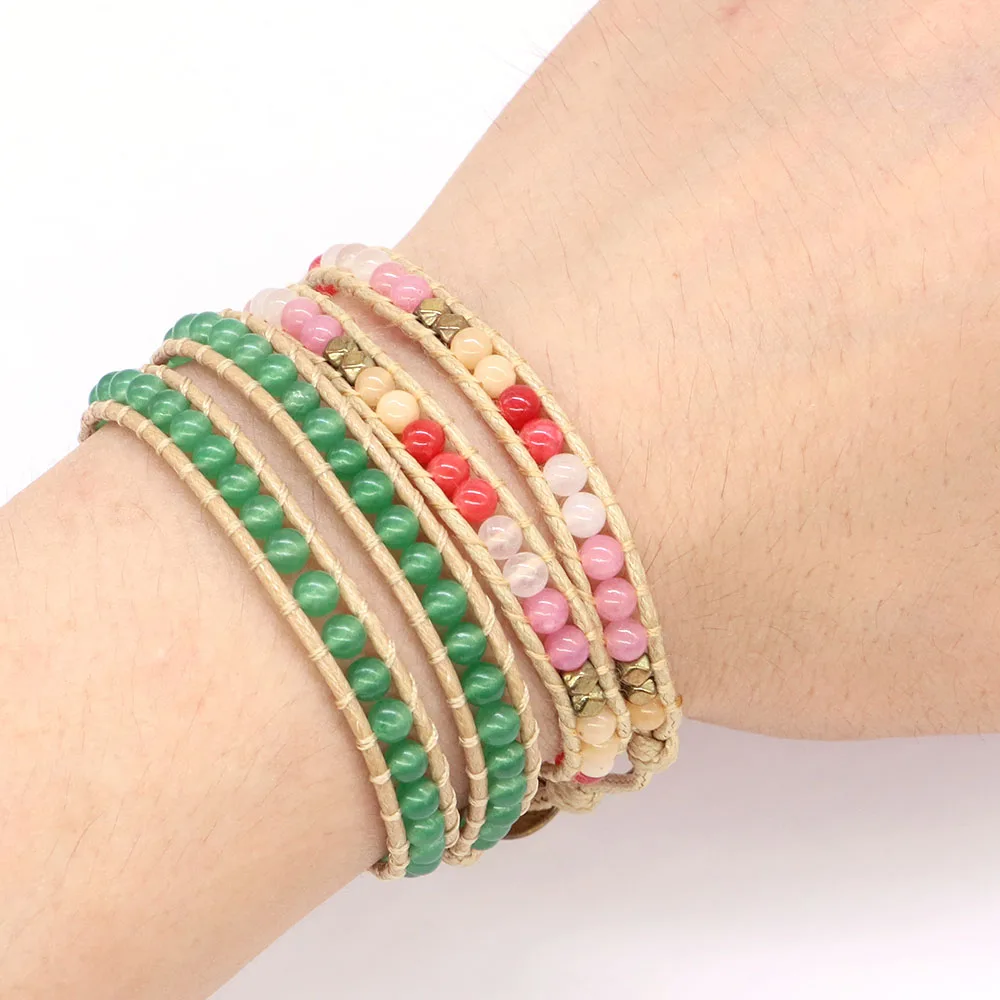 

Bohemian Beads Bracelet Handmade Braided Green Turquoise Healing Stone Chakra Crystal Multilayer Wrap Jewelry For Women Man Gift