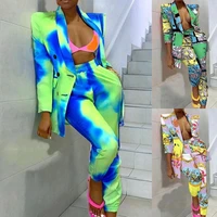 lady blazer suit cardigan colorful printed leisure right angle shoulder tie dye pants suit for autumn