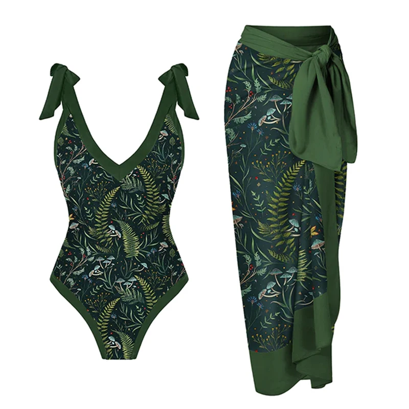 

Women Deep V Print One Piece Swimsuit Set Backless Sexy Strap Cover Up Summer Beach Wear Swimming Suit