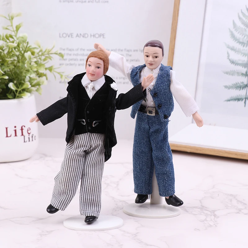 

1:12 Dollhouse Miniature Porcelain Doll People Model Business Suit Tuxedos Men Doll with Bracket For DollsHouse Life Scene Decor