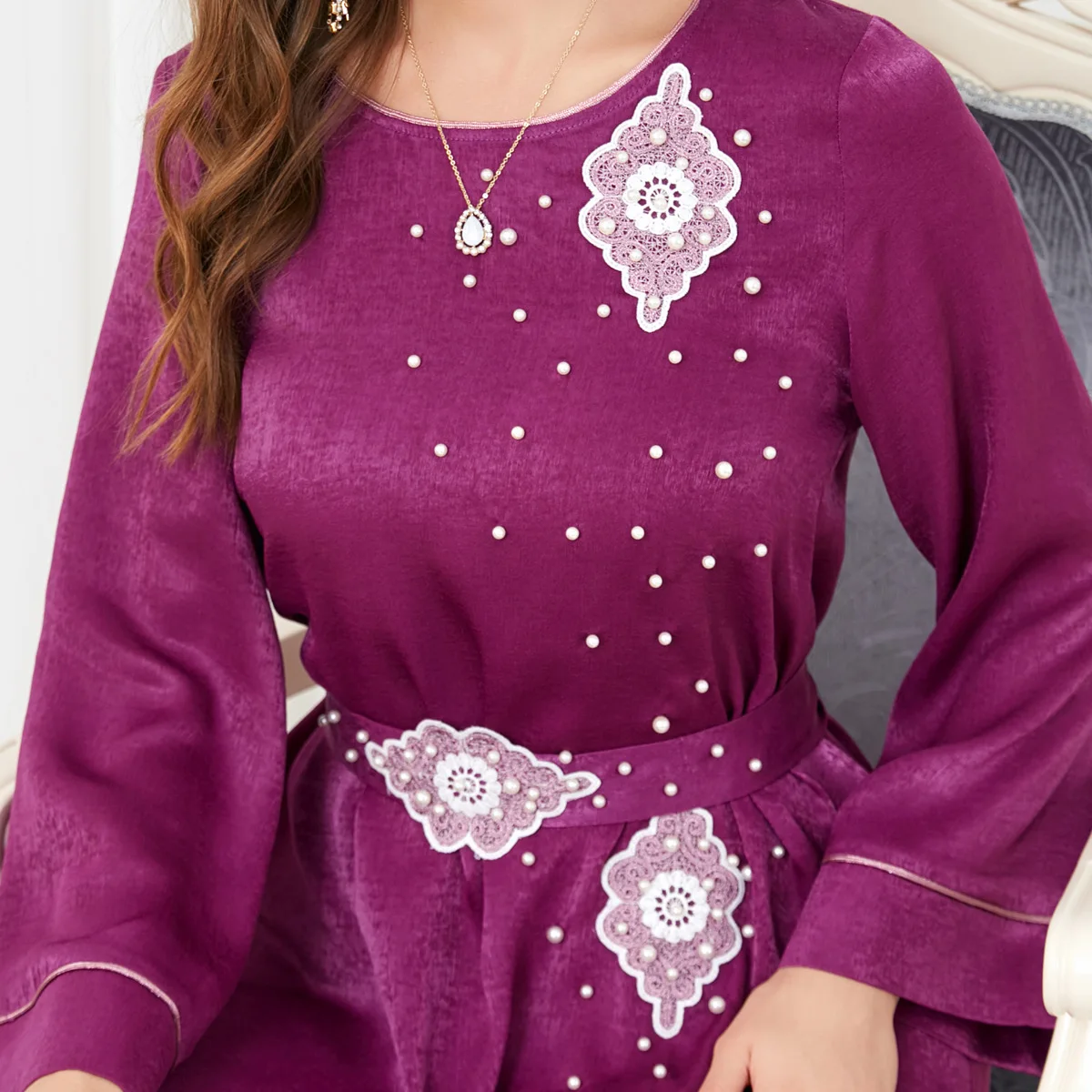 Beaded Abaya Arabic Long Dress for WomenRamadan Eid Belted Elegant Muslim Moroccan Kaftan Dubai Gulf Jalabiiya Islamic Clothing
