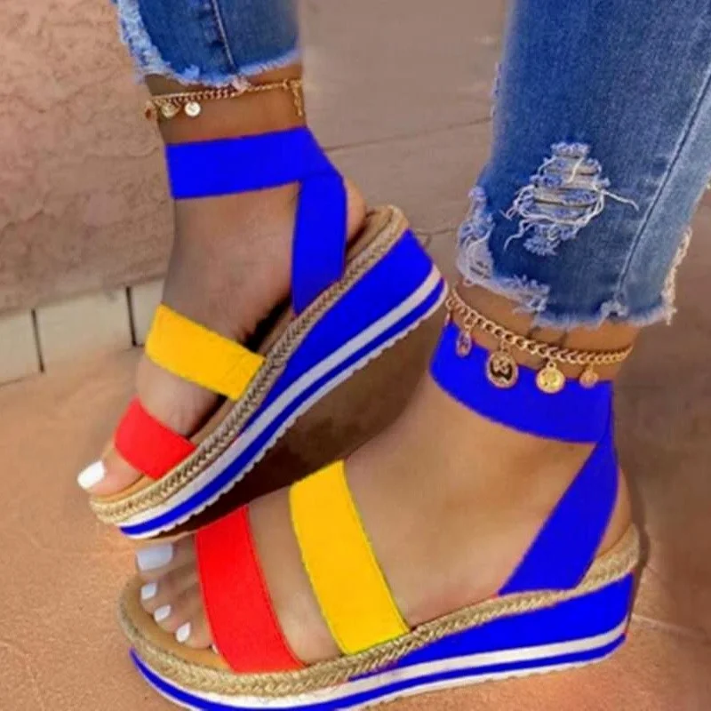 

Roman Sandals Ladies 2022 Summer New Wedge Heels with Cross Ties Non-slip Shoes Fashion Candy Color Open Toe One Pedal Sandalias