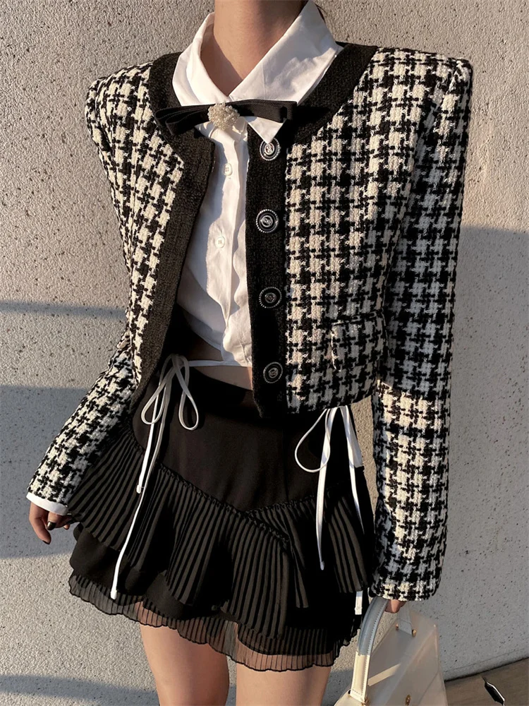 

Женский винтажный кардиган Zabrina, укороченный Топ с длинным рукавом и рисунком «гусиные лапки», уличная одежда, Y2k верхняя одежда, 2023