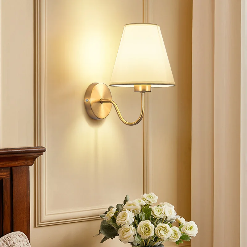 

American Wall Lamp E27 Retro Fabric Bedroom Bedside Wall Light Hotel Bedside Corridor Living Room Background Decorative Scocne