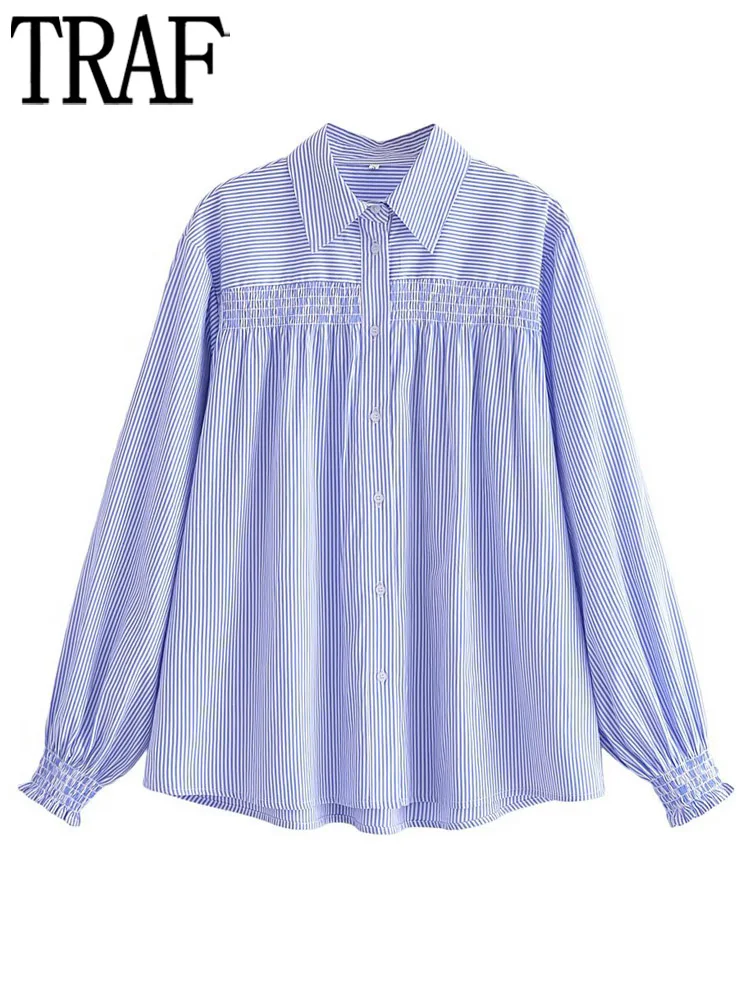 

TRAF Blue Striped Baggy Shirts for Women Long Sleeve Blouses Women Casual Summer Button Up Shirts Woman Streetwear Top Female
