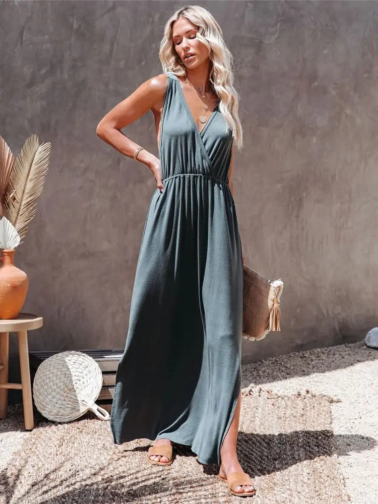 

Trendeez Women Casual Plain Deep V Neck Spaghetti Strap Split Dress