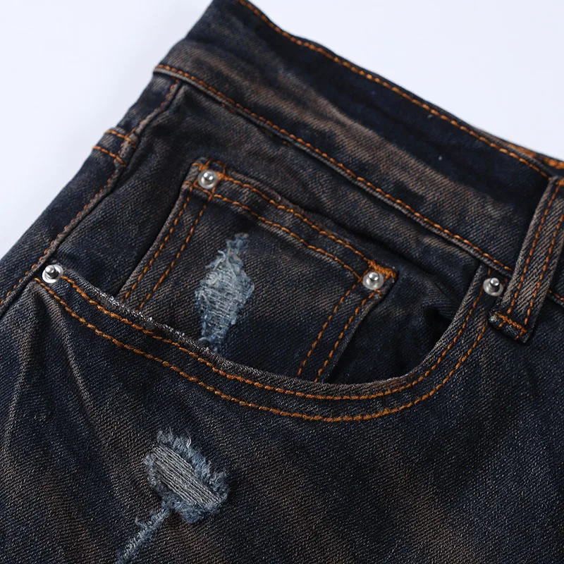 Fashion Men's Jeans Hip Hop Stretch Skinny Jeans Streetwear Ripped Yellow Patch Denim Pants High Quality Washable Cotton Trouser