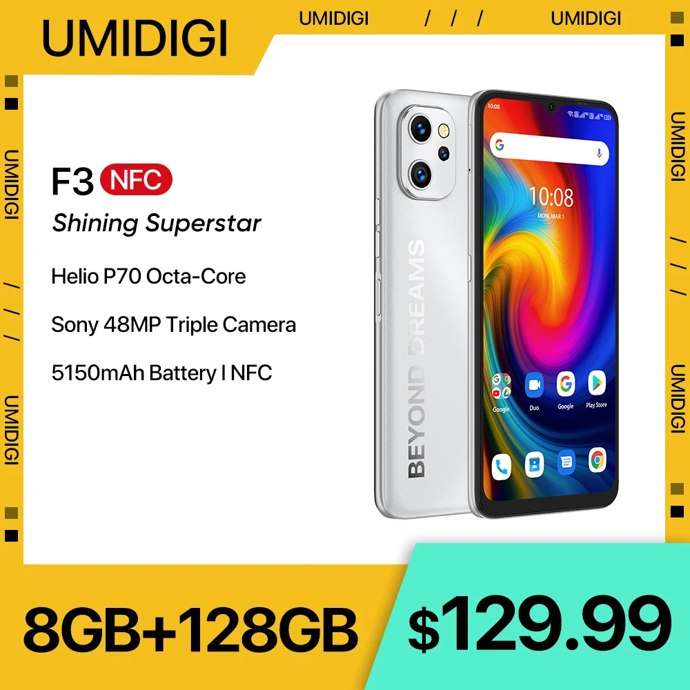 Umidigi F3 Phone, Smartphone Android 11, Helio P70, 8Gb 128Gb, Display Nfc 6.7 "48Mp Ai Triple Camare, 5150Mah Batteria Cellulare