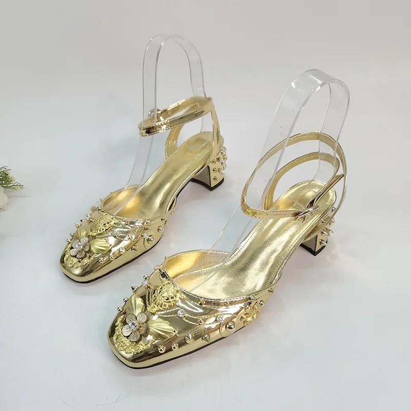 

Foreign Trade Thick High Heel Sandals for Women Pearl Rivet Solid Color Versatile Middle Heel Button Strap High Heel Sandals