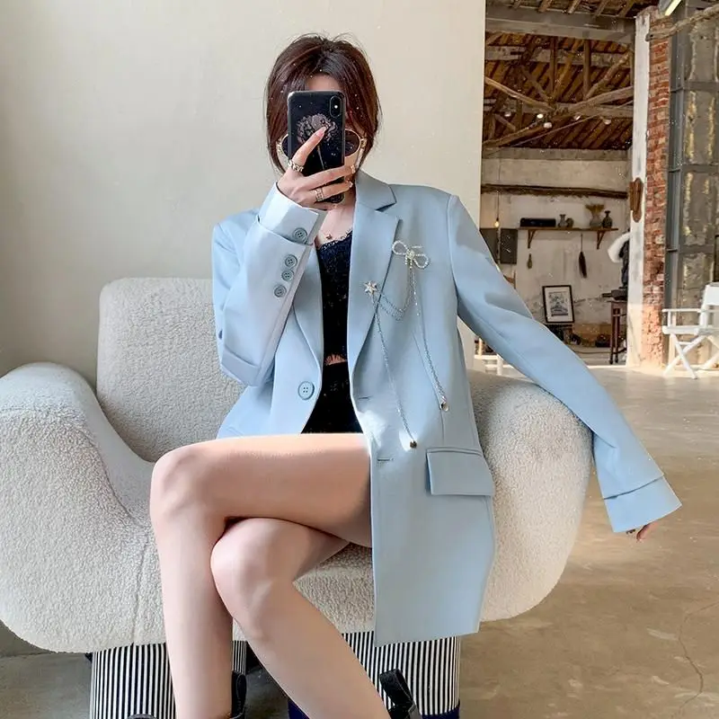 

Autumn Women's Blazers Jacket Office Ladies Elegant British Style Street Chain Casual Solid Single Breasted Female Blazers Goth