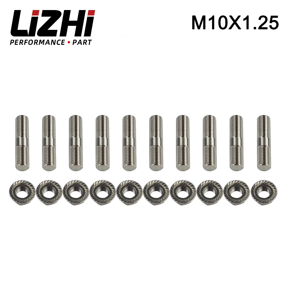 

LIZHI Racing-10 pcs 10mm Stainless Steel Exhaust Studs & Serrated Nuts M10x1.25 Stud Conversion Tall Lug Bolts SCREW ADAPTER kit