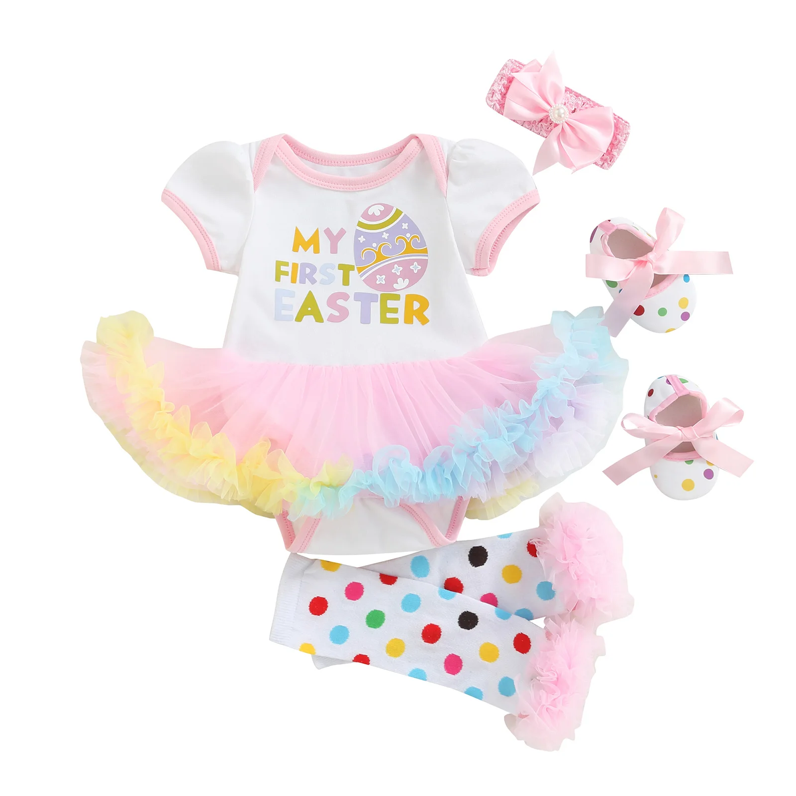 

Newborn My 1st Easter Baby Girls Clothing Short Sleeve Round Neck Dress Style Bodysuit Bow Headband Leg Warmers Shoes Casual Set