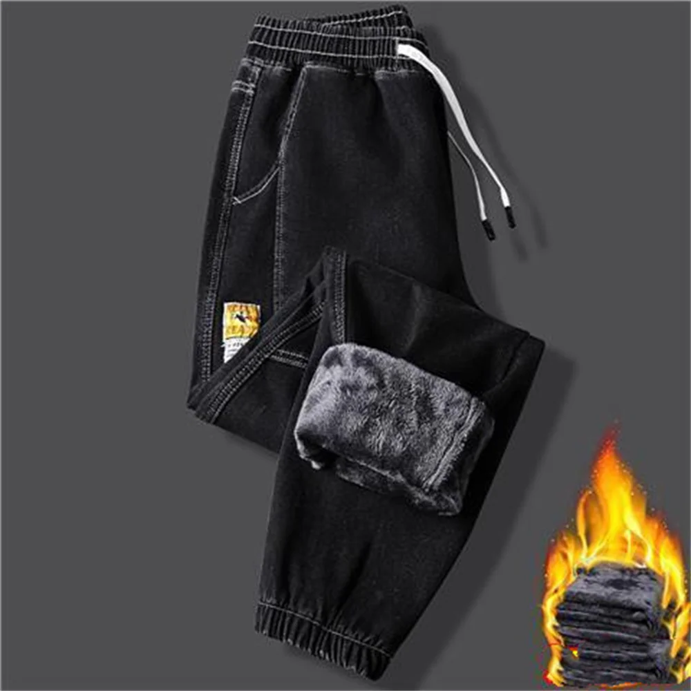 Winter Thick Warm Fleece Jeans Men Plus velvet Black Joggers Baggy Denim Pants Stretched Cotton Casual men Jean Trousers 5XL