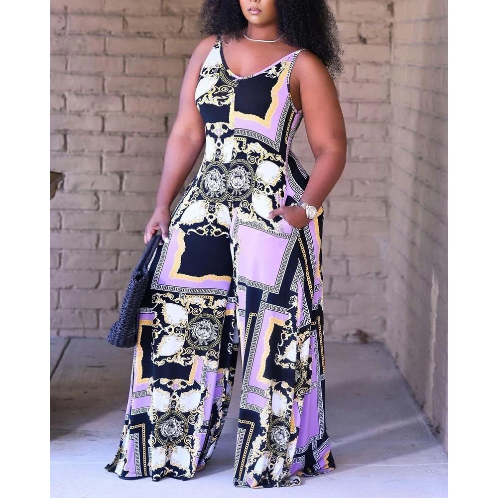 

Summer Sleeveless Spaghetti Strap Wide Leg Jumpsuits Pockets Design Pants Abstract Print Spring Korean Style Casual Woman Cloth