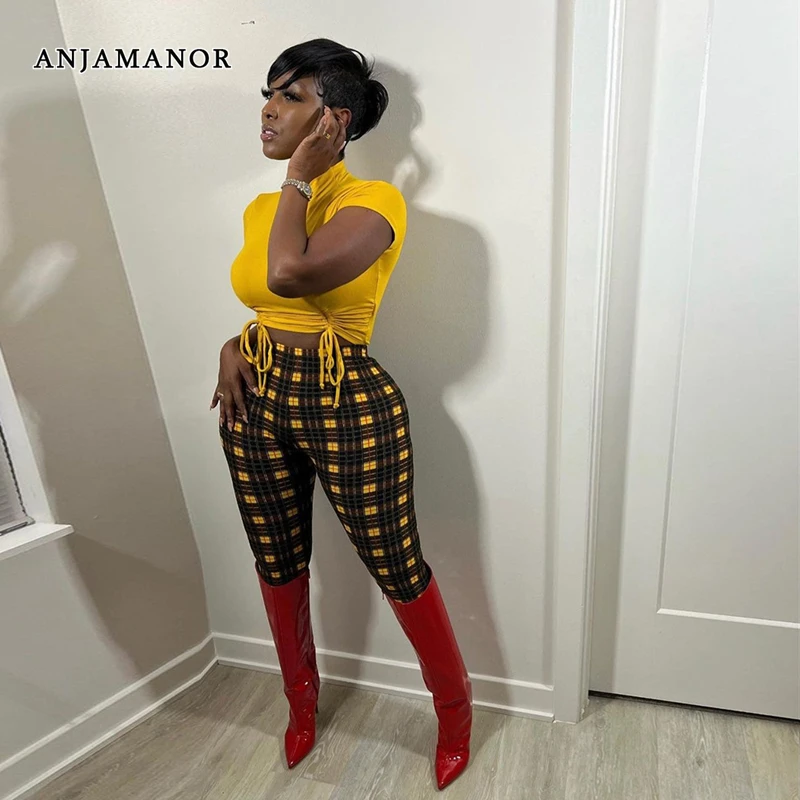 

ANJAMANOR Fashion Sexy 2 Piece Set Drawstring Crop Top and Printed Leggings Pants Suit Clubwear Trending Products 2022 D57-CI27