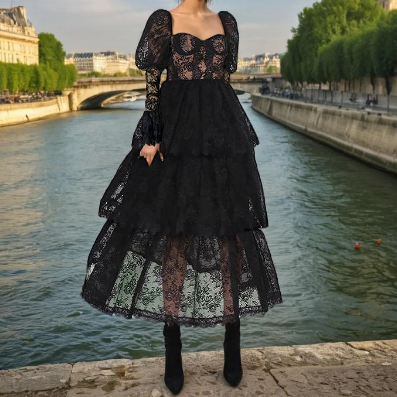 Женское кружевное платье в стиле бохо белое или черное Элегантное летнее с