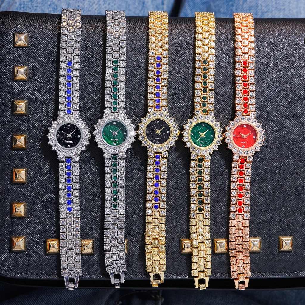 Новые роскошные золотые кварцевые часы с кристаллами женские ремешком из сплава