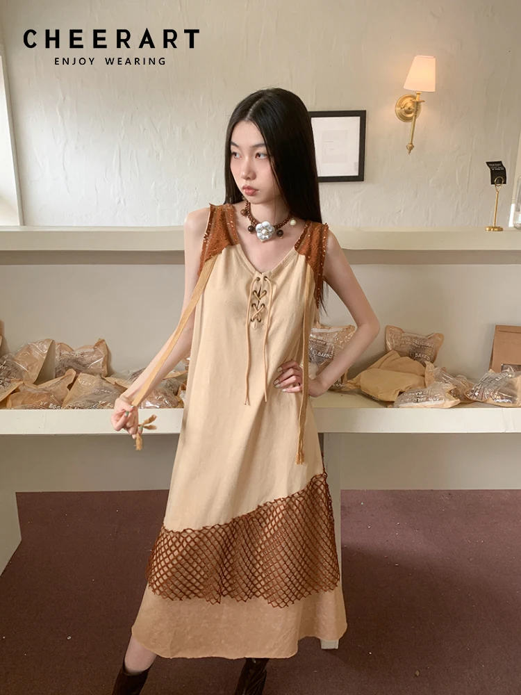 

CHEERART Vintage Patchwork Sleeveless Long Dress For Women 2023 Summer A Line V Neck Fashion Midi Tank Dress Designer Clothes