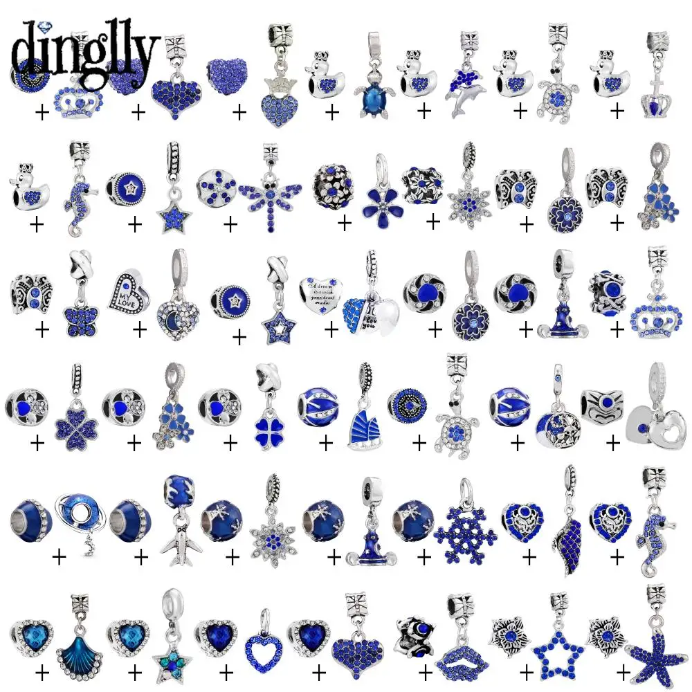 

Dinglly 2pcs/lot Blue Rhinestone Beads Flower Charm Fit Diy Bracelet Aircraft Sailboat Crown Pendant Handmade Jewelry Accessory