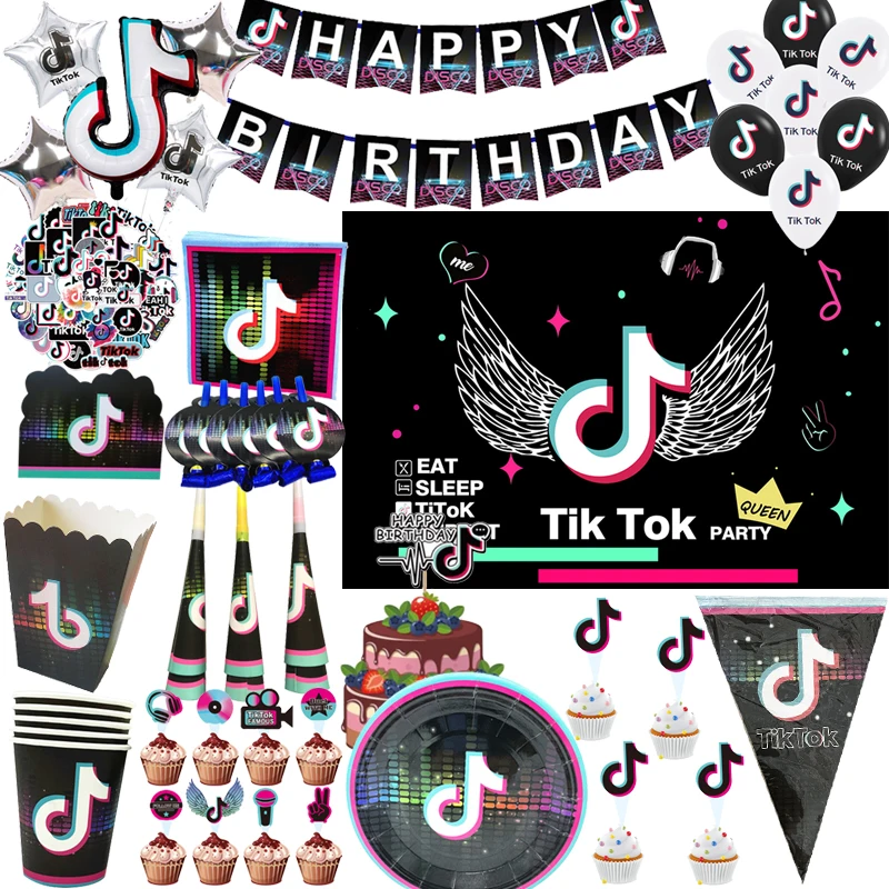 Cartoon Disney Notes Tik&Tik Music Short Video Birthday Celebration Party Decoration Disposable Cutlery Balloon Banner Wedding