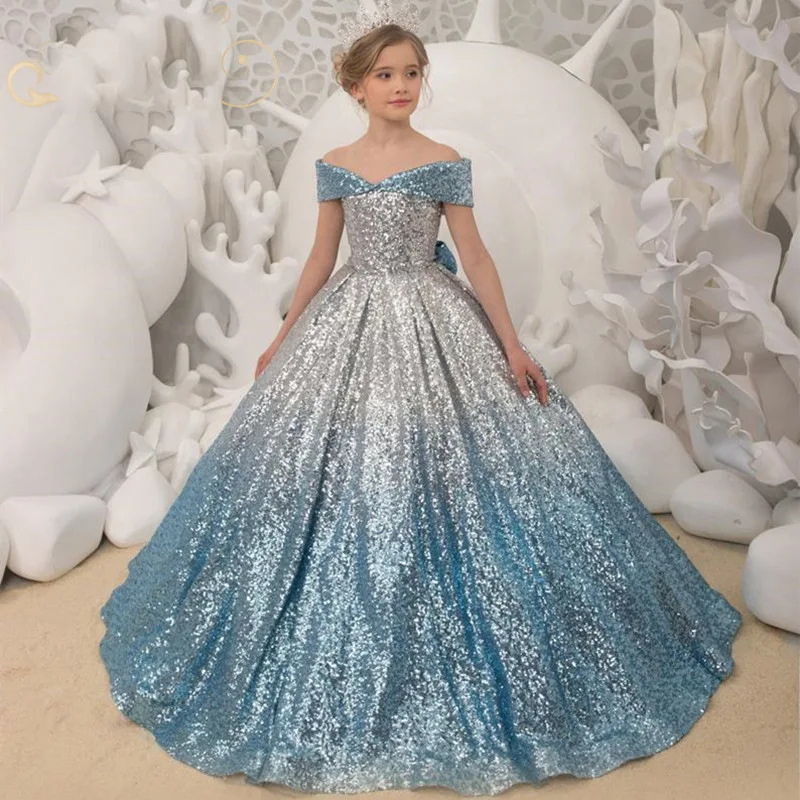 High-End Sequines Children Trailing Evening Gown Wedding Birthday Party Princess Kids Piano Host Dresses For Girl Vestidos