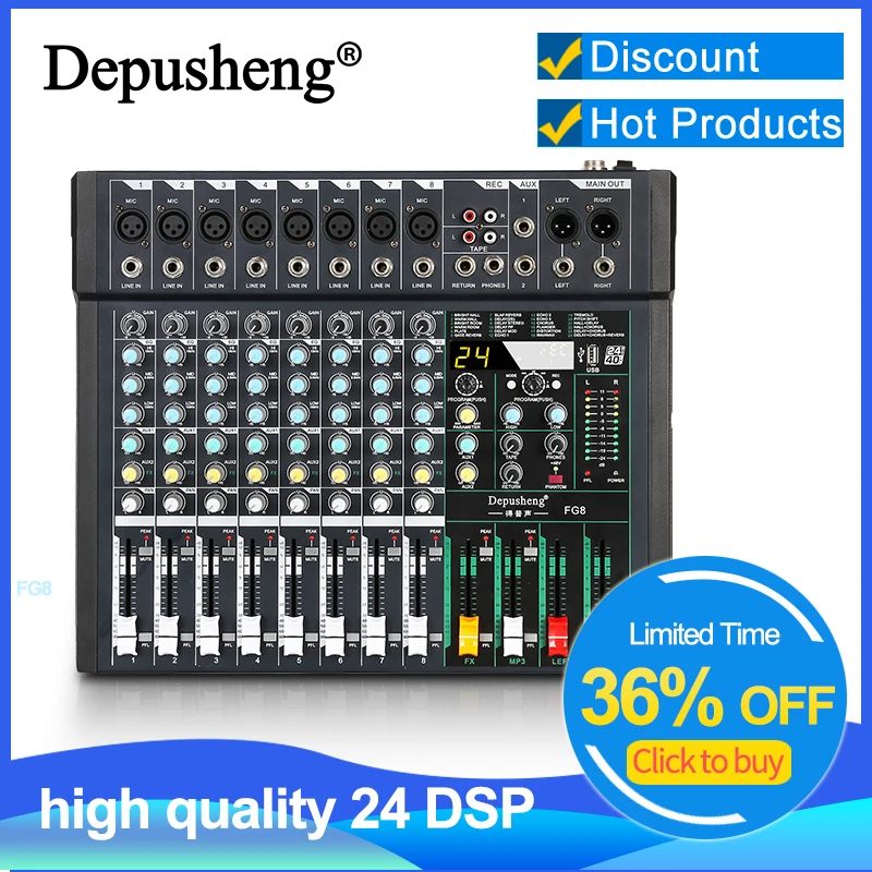 

Mixer Audio Depusheng FG8 8 Channel DJ Mixing Console PC USB Record Bluetooth-Function 24 Digital Effects 48V Phantom Power