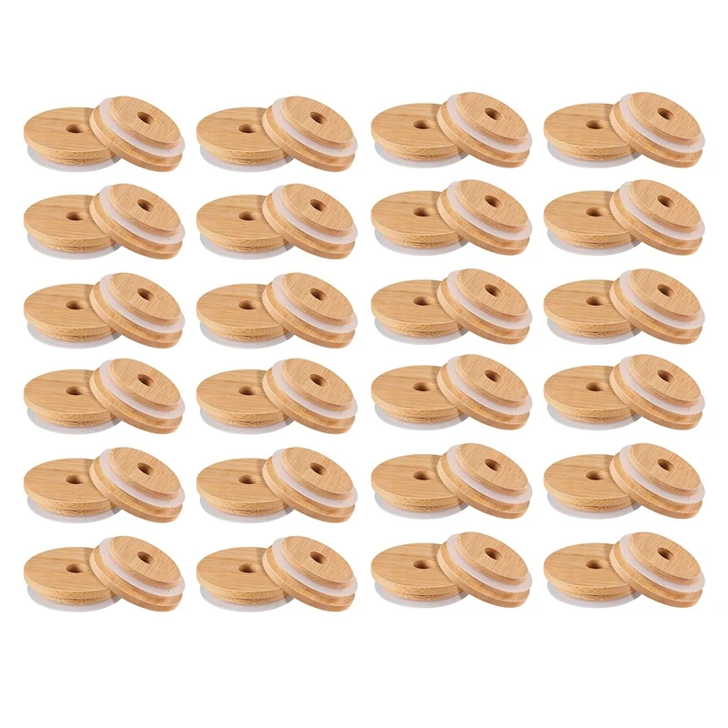 

48 шт., многоразовые стеклянные крышки 70 мм, бамбуковые крышки с отверстием для трубочки, для каменной банки с широким горлышком (48 шт.)