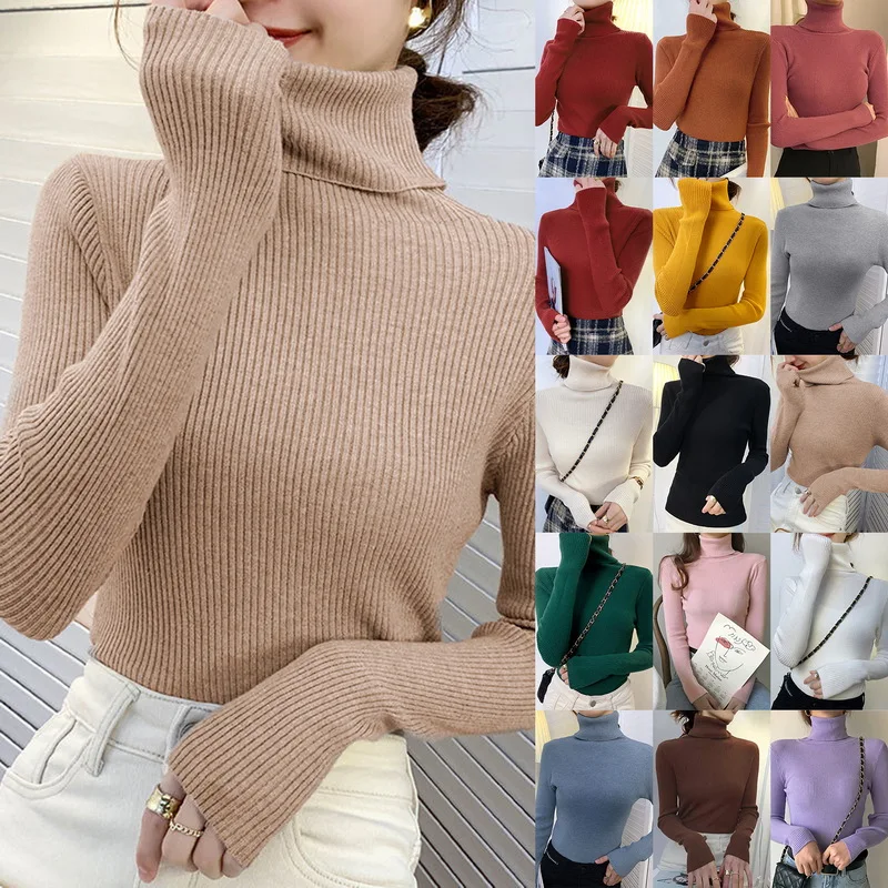 

New Knitting Pullover Sweater Long Sleeve Bottom Shirt Slim Turtleneck Sweaters Autumn Winter Soft Blouse Jumpers For Women 2023