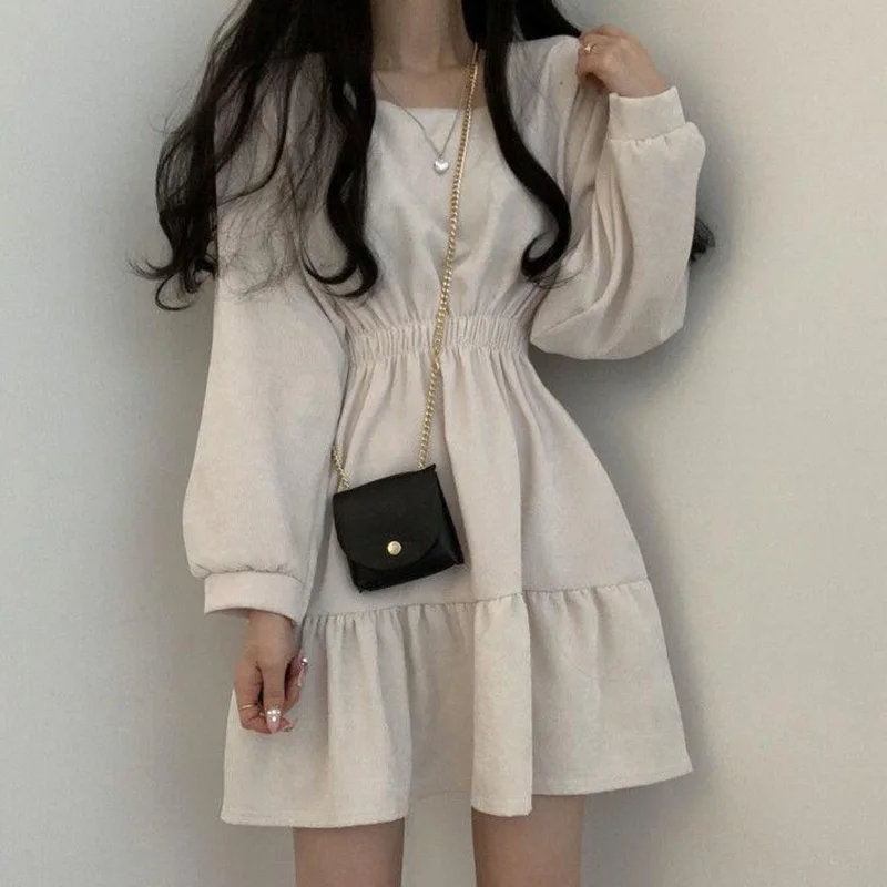 

Women Fashion Square Collar A-line Dress Solid Color Korean Style Autumn Long Sleeve Dress Retro High Waist Mini Dress