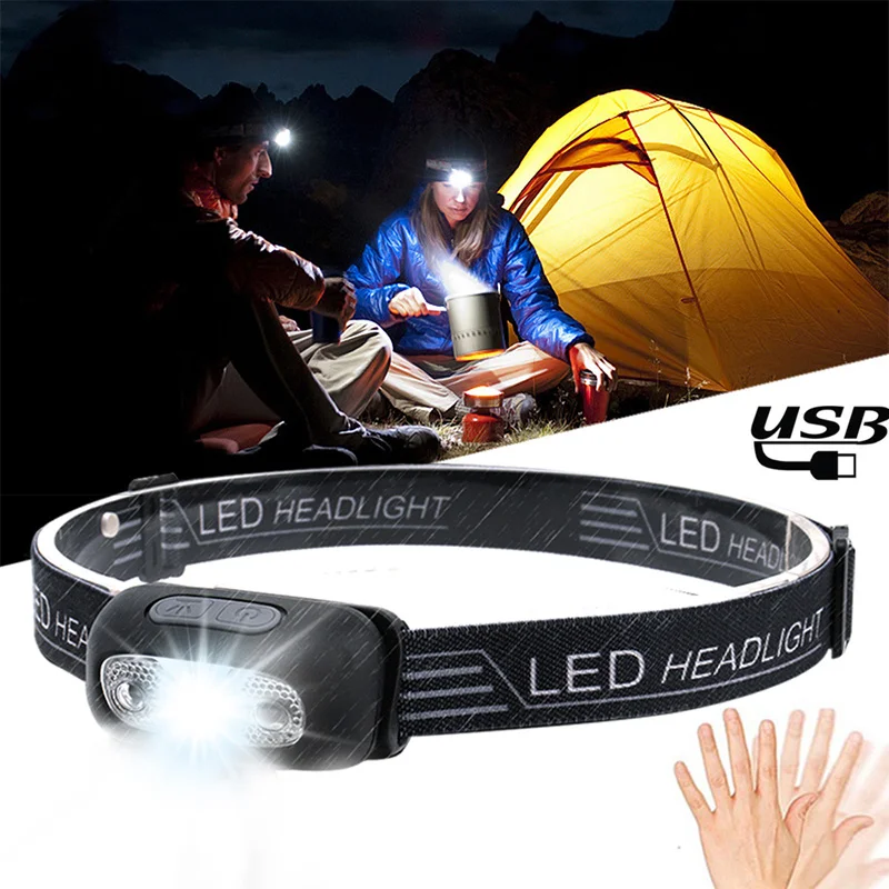 

Mini USB Rechargeable LED Headlamp Body Motion Sensor Headlight Fishing Camping Flashlight Head Light Torch Lamp with USB