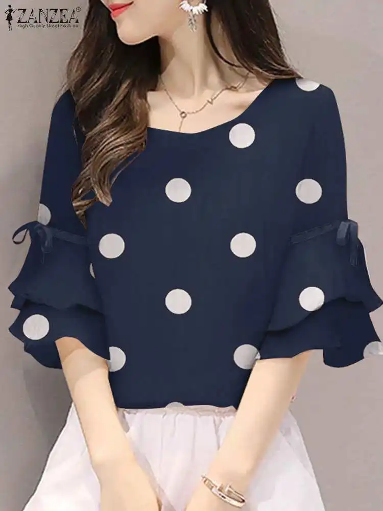 

Spring Summer Women Blouses ZANZEA 2023 Oversize Polka Dots Printed Flounce Half Sleeve Shirt Blusas Lace-Up Tunic Casual Tops