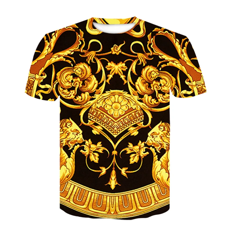 

Novelty T Shirt 3D Golden Chain Printed Baroque Brand T-Shirt Summer Short Sleeve Luxury Royal Men Clothes Hip Hop Tops Tees